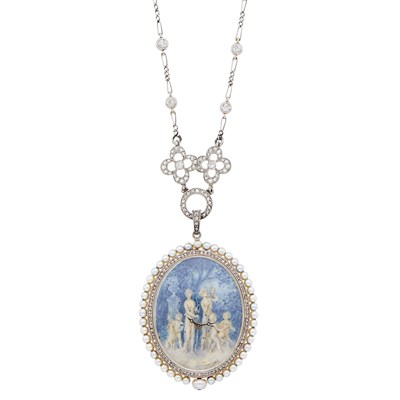 Lot 207 - Belle Époque Platinum, Diamond and Pearl Painted Scene Pendant-Watch Necklace