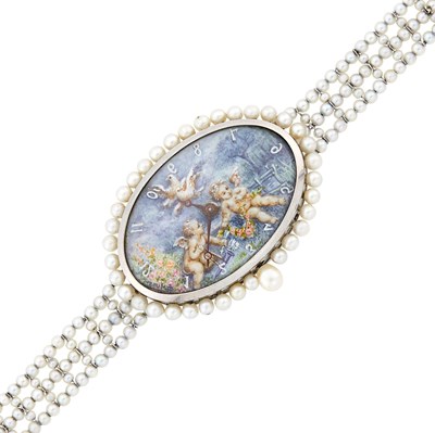 Lot 208 - Belle Époque Platinum, Painted Scene and Seed Pearl Wristwatch, France
