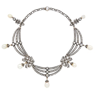 Lot 209 - Antique Silver, Gold, Diamond and Natural Pearl Swag Choker Necklace