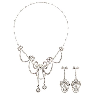 Lot 204 - Belle Époque Platinum and Diamond Necklace and Pair of Pendant-Earrings
