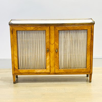 Lot 1054 - Louis XVI Style Inlaid Fruitwood Marble Top Cabinet