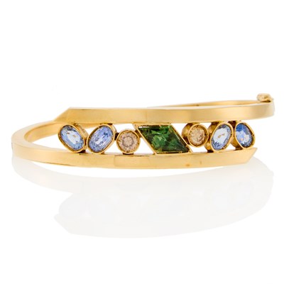 Lot 141 - Gold, Multicolored Sapphire and Diamond Bangle Bracelet