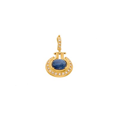 Lot 1173 - Gold, Cabochon Sapphire and Diamond Pendant