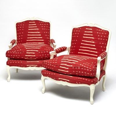 Lot 386 - Pair of Louis XV Style Painted and Upholstered Fauteuils