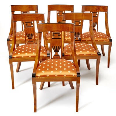 Lot 369 - Six Biedermeier Part Ebonized Satinwood Dining Chairs