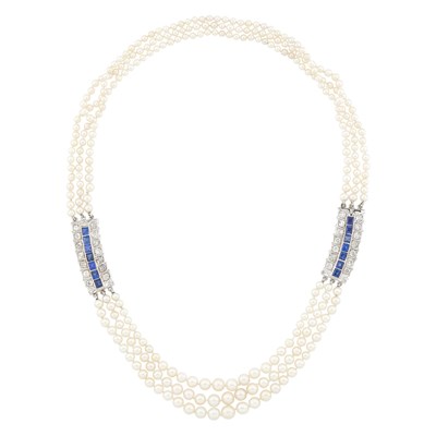 Lot 262 - Triple Strand Natural Pearl, White Gold, Sapphire and Diamond Necklace