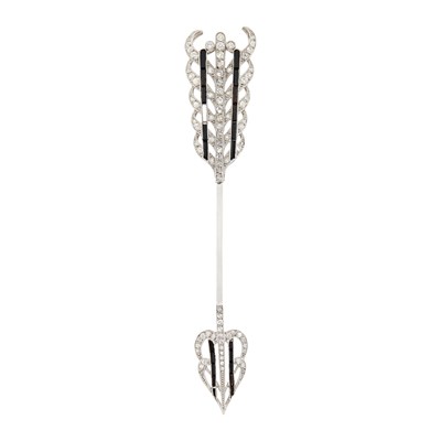 Lot 87 - Platinum, Diamond and Black Onyx Feather Jabot, France