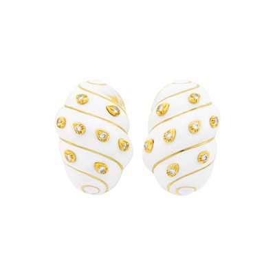 Lot 86 - David Webb Pair of Gold, Platinum, White Enamel and Diamond Shell Earclips