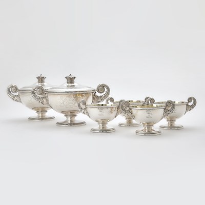 Lot 98 - Pair of George III Sterling Silver Covered Sauce Tureens and Four En Suite Open Salt Cellars
