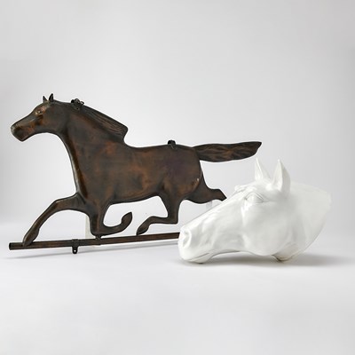 Lot 144 - Copper Race Horse Weathervane Together With an Italian White Painted and Glazed Horse Head Sculpture
