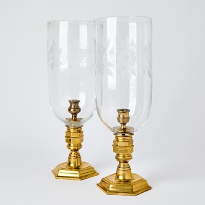 Lot 351 - Near Pair of Etched Glass and Brass Photophores