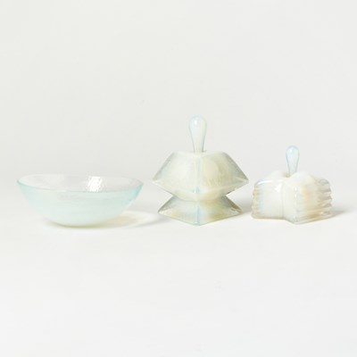 Lot 3254 - Two Opalescent Perfume Bottles and a Small Circular Dsih