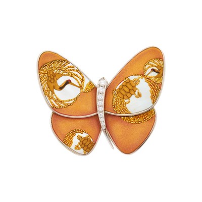 Lot 171 - Van Cleef & Arpels White Gold, Orange Lacquer, Mother-of-Pearl and Diamond 'Tsurukame' Butterfly Clip-Brooch, France