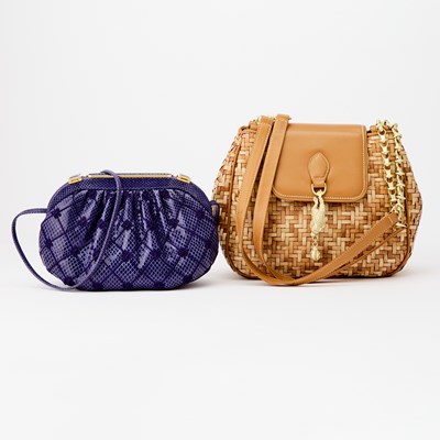 Lot 1377 - Judith Leiber Purple Lizard Skin Bag with Barry Kieselstein-Cord Woven Leather Bag