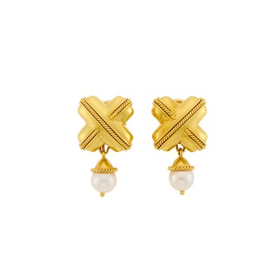 Lot 1043 - Elizabeth Locke Pair of Gold and Cultured Pearl Pendant-Earrings