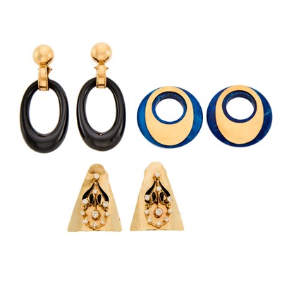 Lot 1220 - Pair of Gold, Black Enamel and Diamond Earrings and Pair of Gold Earrings with Interchangeable Sodalite and Black Onyx Pendants