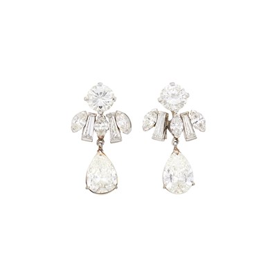 Lot 1225 - Pair of Platinum and Diamond Pendant-Earrings