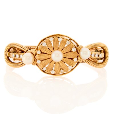 Lot 1237 - Gold, Cultured Pearl and Diamond Bangle Bracelet