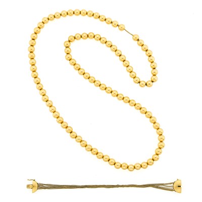 Lot 1238 - Gold Bead Necklace and Multistrand Gold Link Bracelet