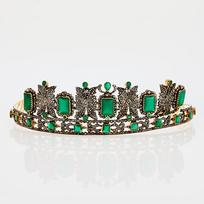 Lot 1343 - Silver-Gilt Green Chalcedony and Diamond Tiara