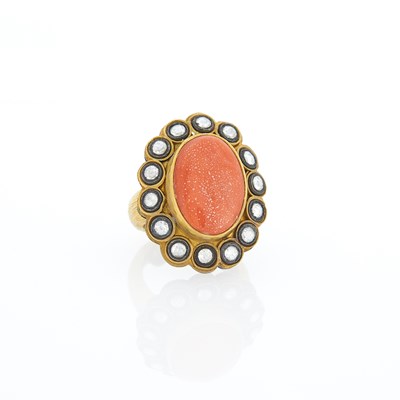 Lot 1097 - High Karat Gold, Silver, Coral and Diamond Ring