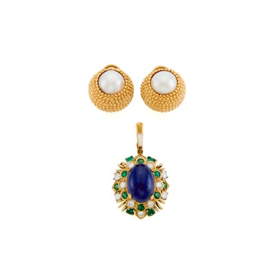 Lot 1273 - Gold, Lapis, Diamond and Emerald Pendant and Pair of Cultured Pearl Earrings