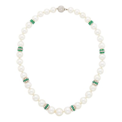 Lot 230 - South Sea Cultured Pearl, White Gold, Diamond and Emerald Necklace