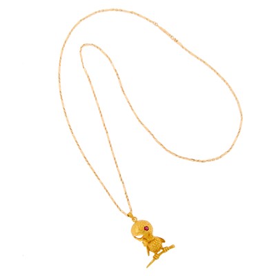 Lot 1056 - Gold and Ruby Chickadee Pendant with Chain Necklace