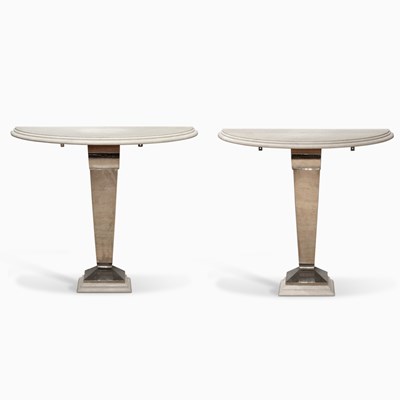 Lot 336 - Pair of Art Deco Style Chrome and Travertine Demilune Consoles