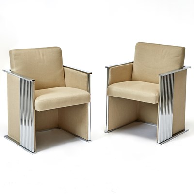 Lot 347 - Pair of Milo Boughman for Thayer Coggin Chrome Cube Armchairs
