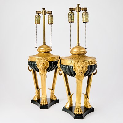 Lot 153 - Pair of Empire Style Gilt and Patinated Bronze Lamps