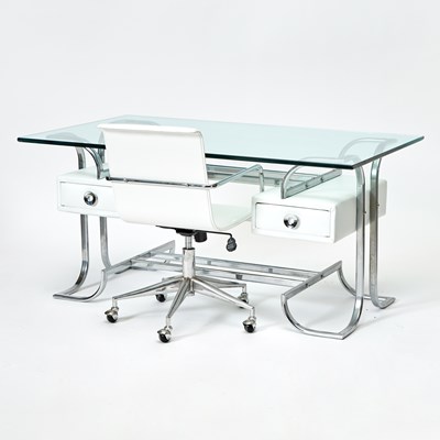 Lot 340 - Art Deco Style Chrome, White Leather, and Glass Top Writing Table with chair