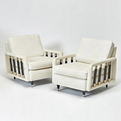 Lot 321 - Pair of Art Deco Style Upholstered Ebonized Lounge Chairs