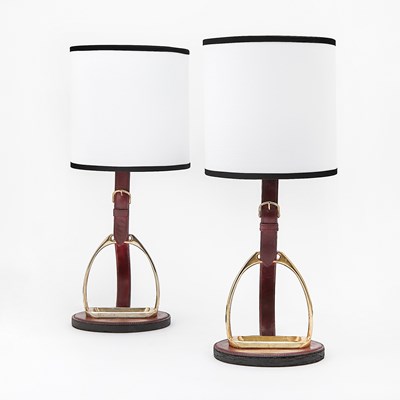 Lot 305 - Pair of Longchamp Paris Gilt-Metal and Leather Equestrian Themed Table Lamps