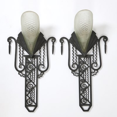 Lot 158 - Pair of Sabino Art Deco Molded Glass and Wrought Iron "Pine Cone" Two-Light Wall Sconces
