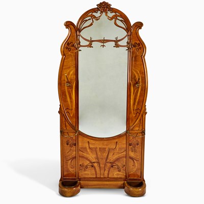 Lot 120 - Art Nouveau Metal-Mounted Carved and Marquetry Inlaid Fruitwood Coat and Umbrella Stand