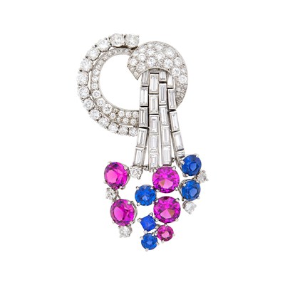 Lot 268 - Cartier Mounting Platinum, Sapphire, Garnet and Diamond Clip