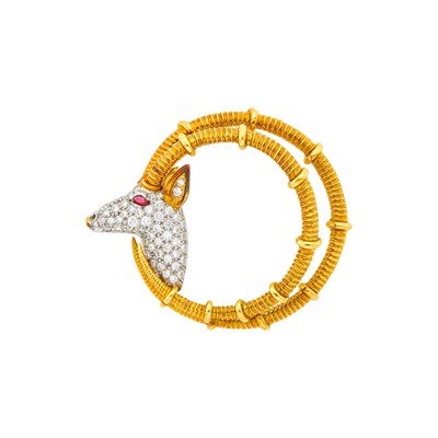 Lot 174 - Tiffany & Co., Schlumberger Gold, Platinum, Diamond and Ruby 'Ibex' Brooch