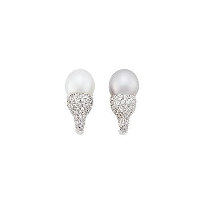 Lot 28 - Pair of White Gold, South Sea and Tahitian Gray Cultured Pearl and Diamond Earrings