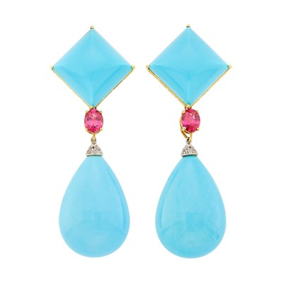 Lot 6 - Paolo Costagli Pair of Two-Color Gold, Turquoise, Pink Spinel and Diamond Pendant-Earclips