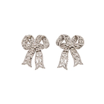 Lot 157 - Pair of White Gold and Diamond Bow Earrings
