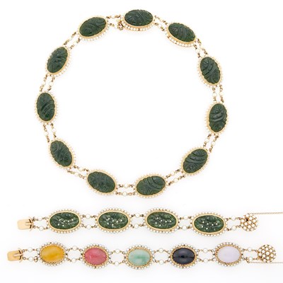 Lot 1206 - Gold, Carved Jade, Multi-Colored Jade and Pearl Necklace and Two Bracelets
