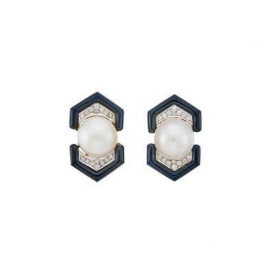 Lot 1101 - Pair of Two-Color Gold, Mabé Pearl, Black Onyx and Diamond Earrings
