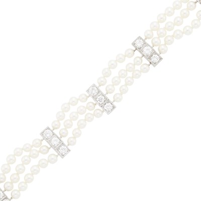 Lot 1117 - Triple Strand Cultured Pearl, Platinum and Diamond Bracelet