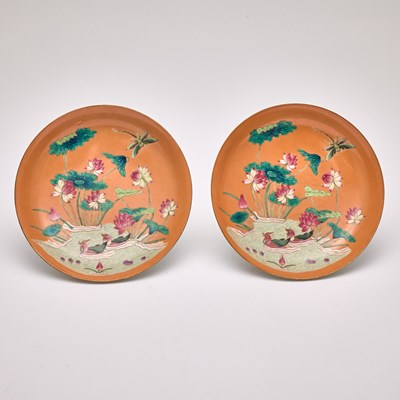 Lot 132 - A Pair of Chinese Orange-Ground Enameled Porcelain Dishes