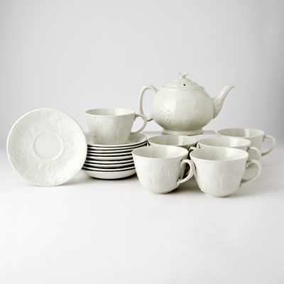 Lot 94 - Burgess & Leigh "Strawberry and Grape Leaf (Davenport) White Embossed Porcelain Partial Tea Service