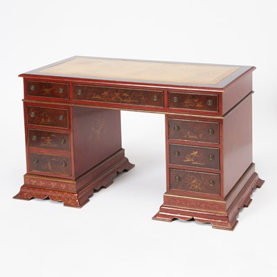 Lot 177 - George III Style Gilt-Tooled Brown Leather-Lined Mahogany and Red Lacquered Pedestal Desk