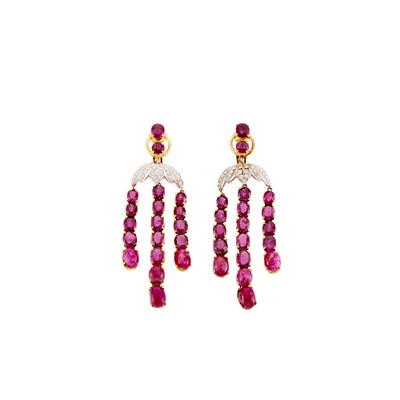 Lot 1214 - Pair of Two-Color Gold, Ruby, Cabochon Ruby and Diamond Fringe Earclips