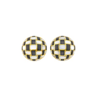 Lot 88 - Tiffany & Co. Pair of Gold, Black Jade and Mother-of-Pearl Checkerboard Earrings