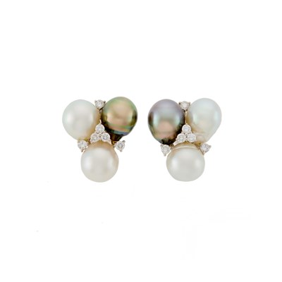 Lot 1154 - Pair of White Gold, White and Gray Baroque Cultured Pearl and Diamond Earrings
